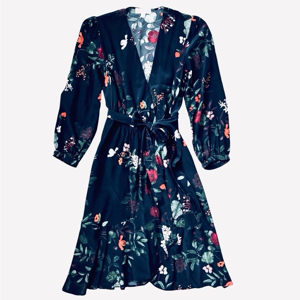 Amour Vert Silk Wrap Midi Dress Black Floral Long Sleeve Size Small - Picture 2 of 10